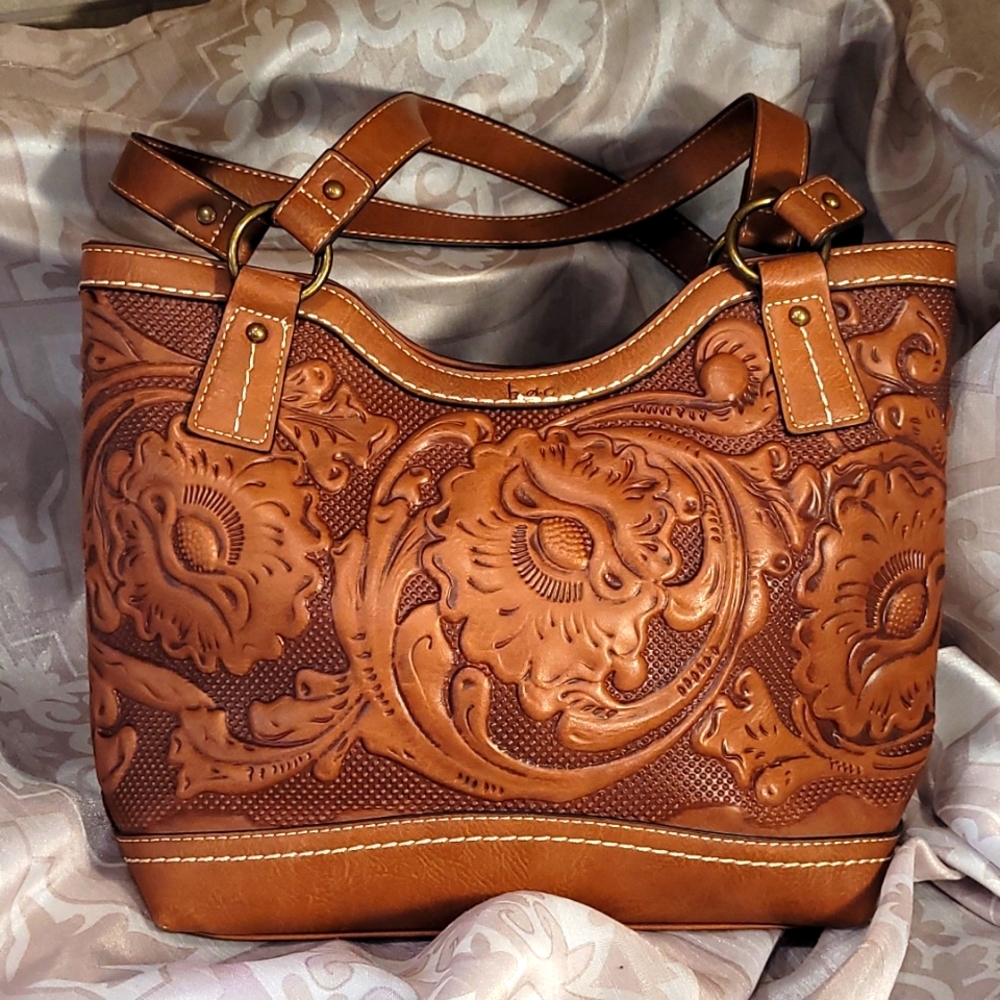 Born Concept saddle brown cowgirl Leather Bag Embossed with floral design